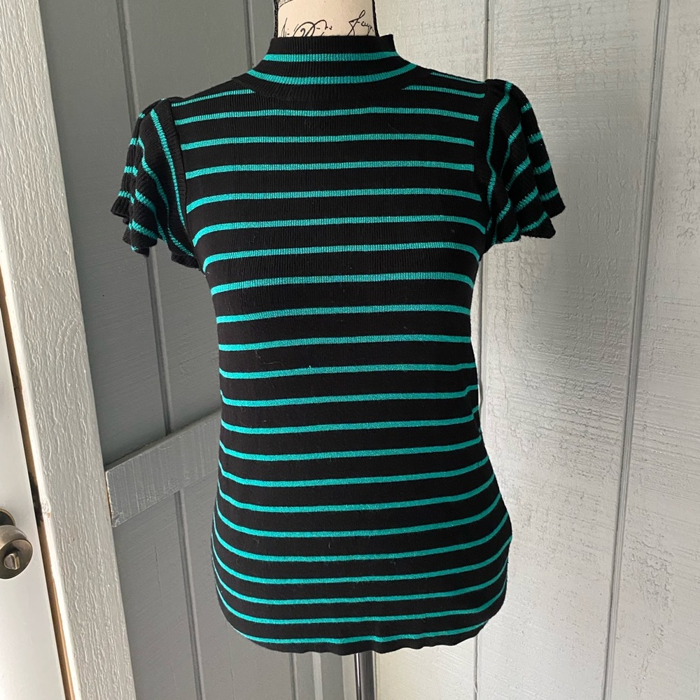 Nine West Black & Jade Green Striped Short Sleeve Sweater